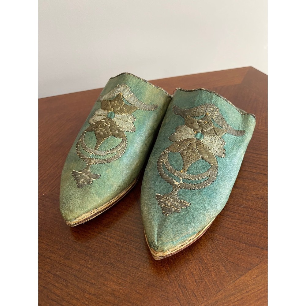 Vintage Moroccan Embroidered Leather Mules Slippers